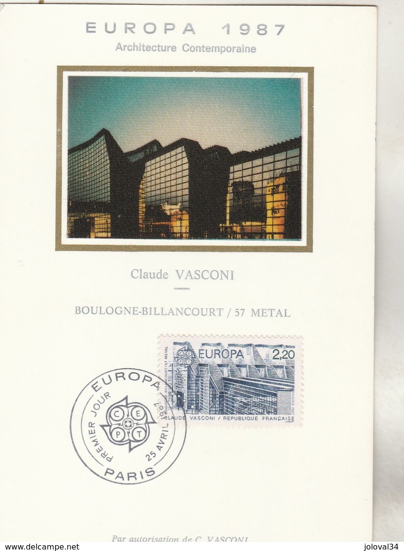 France Carte Maximum Sur Soie EUROPA 1987 - Architecture Vasconi - 1987