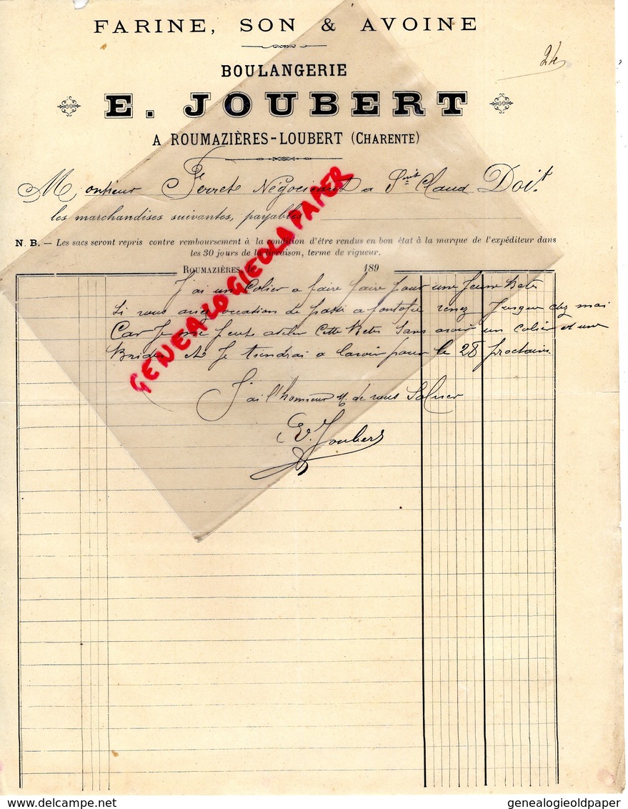 16- ROUMAZIERES LOUBERT- 1890 RARE LETTRE MANUSCRITE SIGNEE E. JOUBERT-BOULANGERIE-BOULANGER-FARINE SON AVOINE- - 1800 – 1899