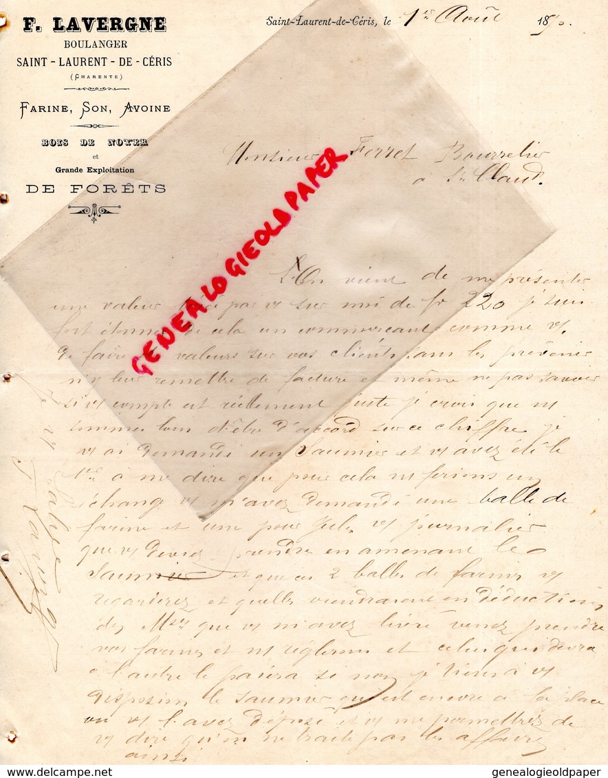 16- ST SAINT LAURENT DE CERIS-RARE LETTRE 1890 MANUSCRITE SIGNEE F. LAVERGNE-BOULANGER-BOULANGERIE-EXPLOITATION FORETS - Old Professions