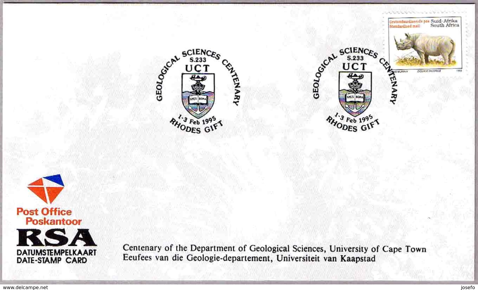 Cent. DEPARTAMENTO CIENCIAS GEOLOGICAS - Cent.Department Geological Sciences.Rhodes Gift, Sudafrica, 1995 - Otros & Sin Clasificación