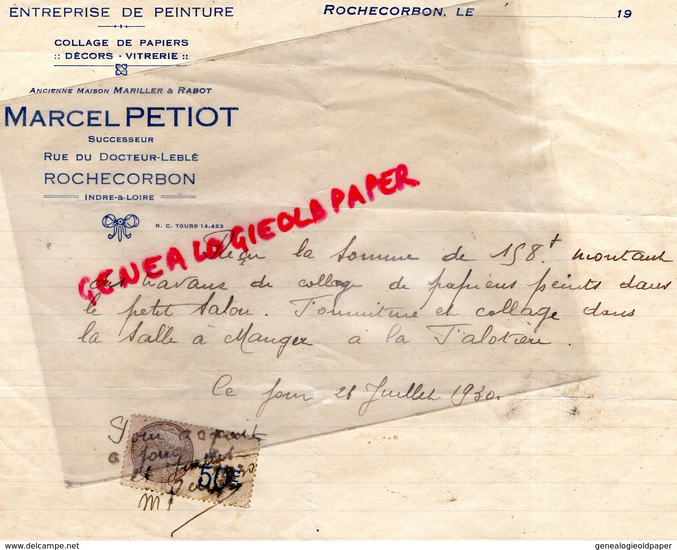 37- ROCHECORBON- 1930 RARE LETTRE MANUSCRITE MARCEL PETIOT-MARILLER & RABOT- ENTREPRISE PEINTURE-PEINTRE- - Artesanos
