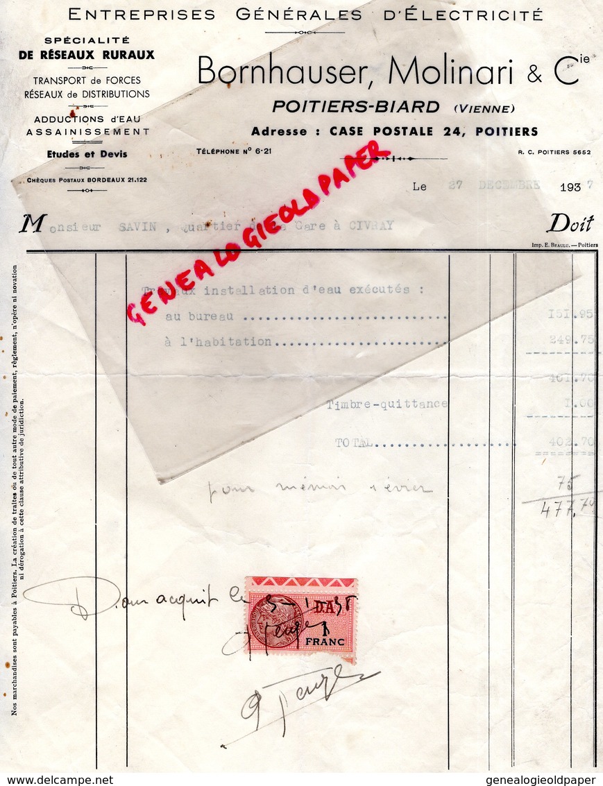 86- POITIERS BIARD- RARE FACTURE BORNHAUSER MOLINARI-ENTREPRISE ELECTRICITE-ELECTRICIEN-1937 - Electricidad & Gas