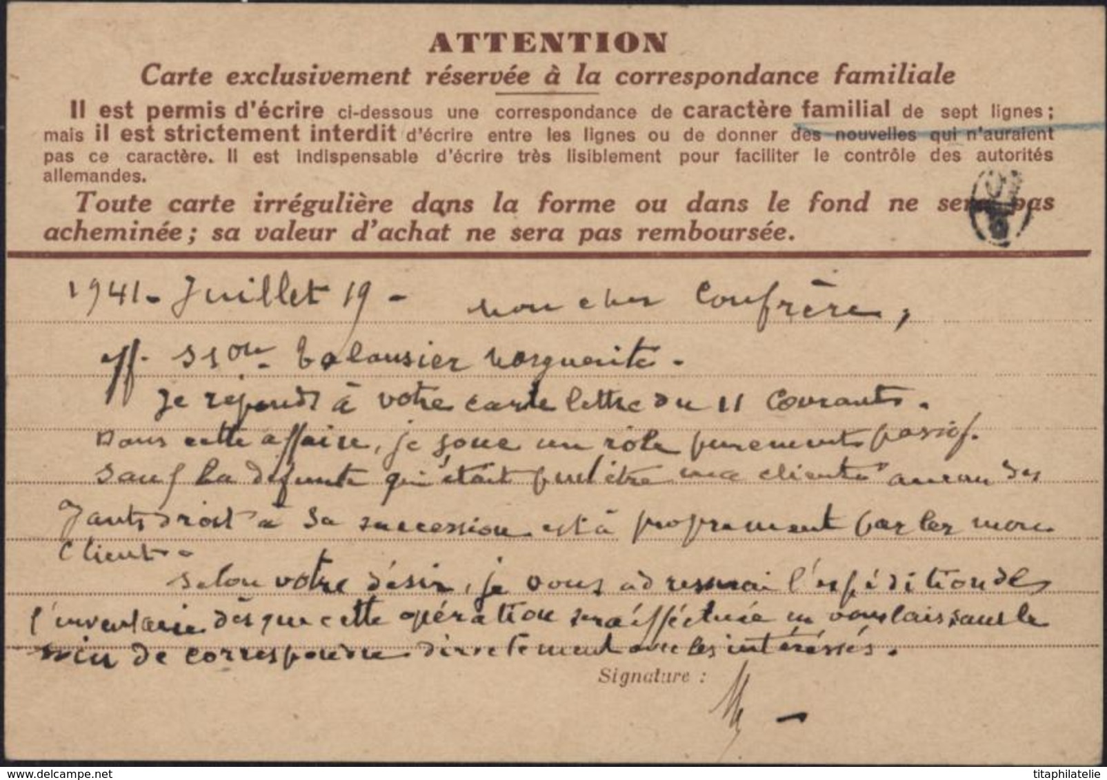 Entier CP Iris Sans Valeur Indiquée CAD Marjevols 19 7 41 Inadmis Texte Commercial Non Familial Instruction Soulignée - Guerre De 1939-45