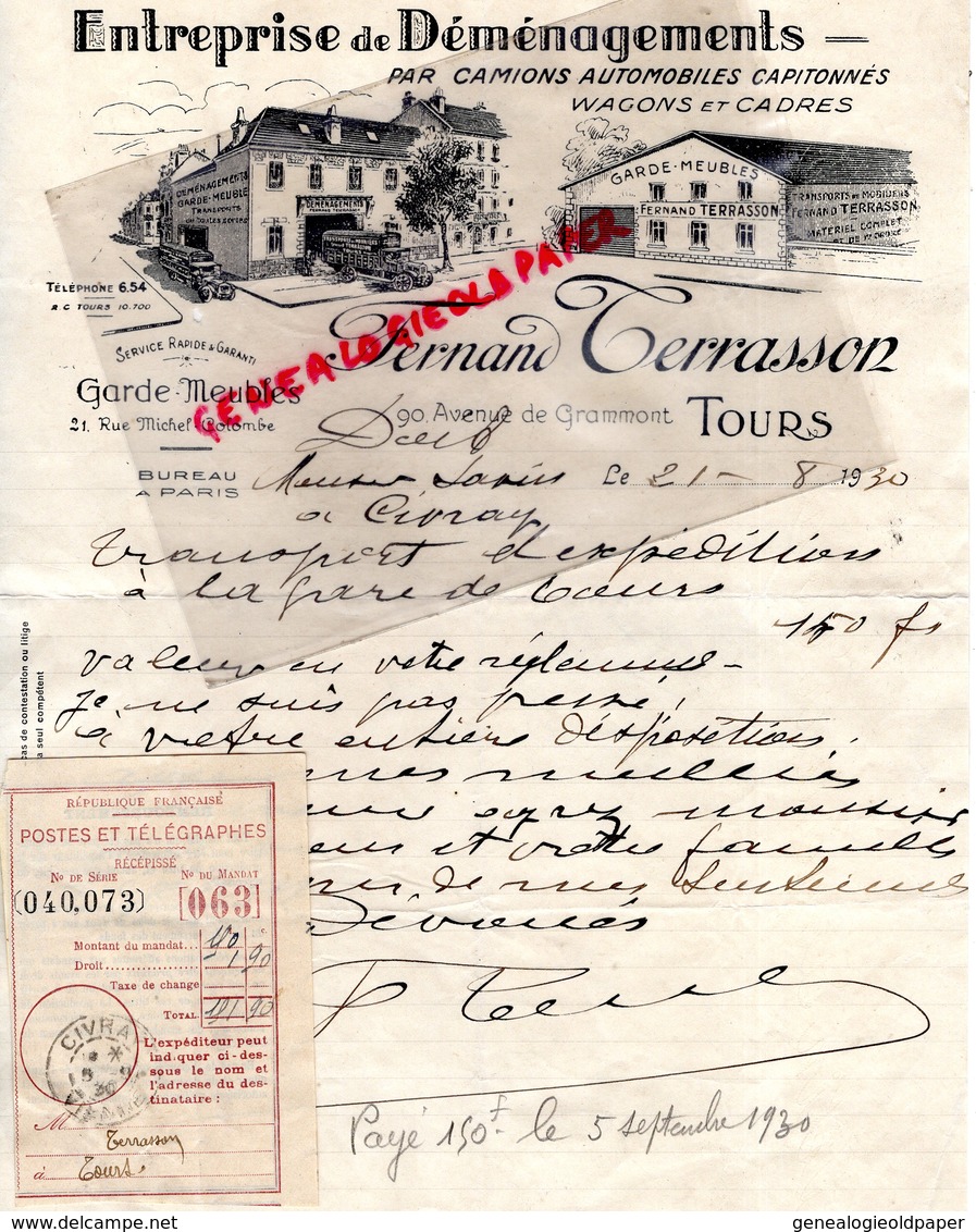 37- TOURS- RARE LETTRE MANUSCRITE SIGNEE FERNAND TERRASSON-ENTREPRISE DEMENAGEMENTS-CAMIONS -90 AV. GRAMMONT-1930 - Transportmiddelen