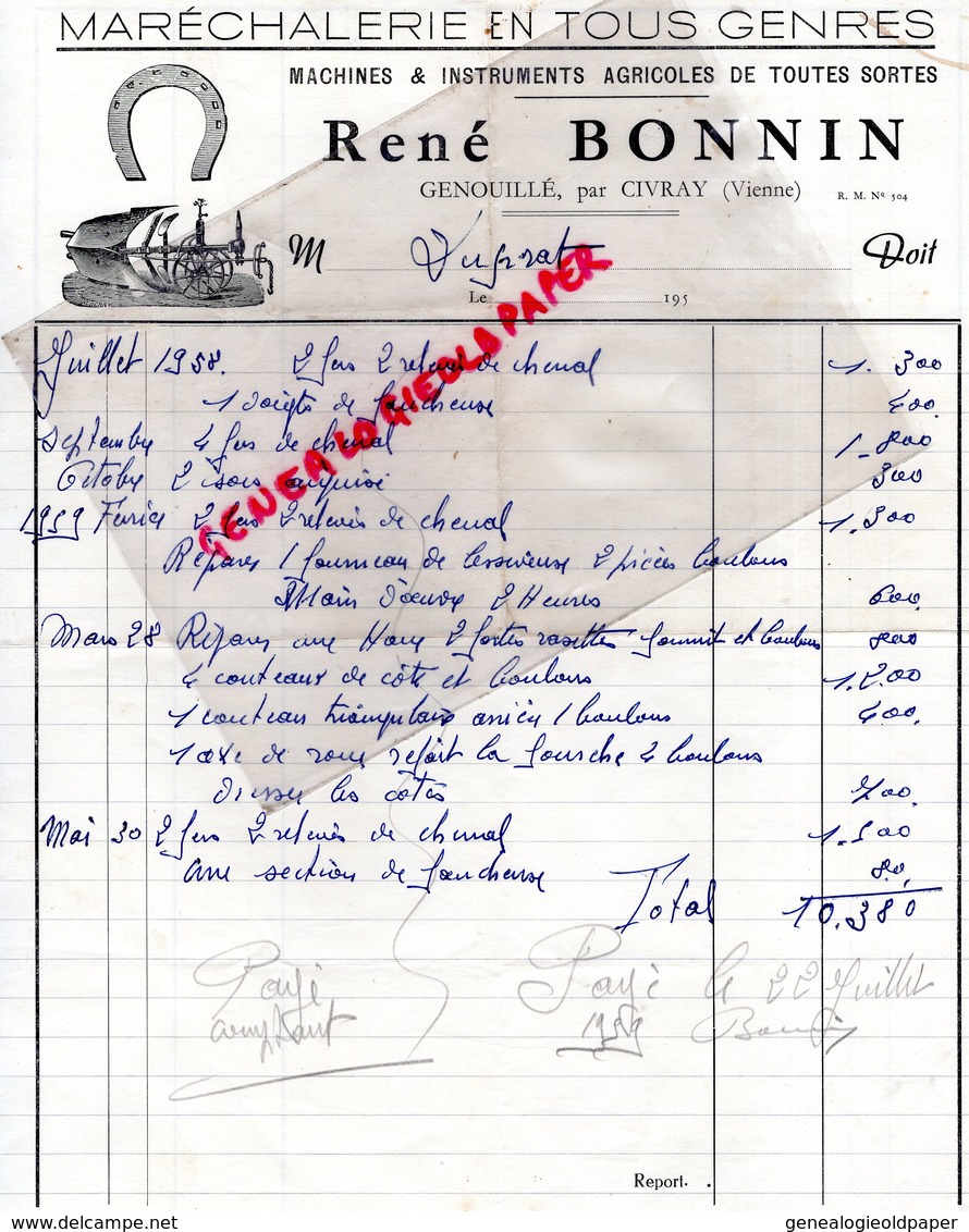 86- GENOUILLE PAR CIVRAY- RARE FACTURE RENE BONNIN- MARECHALERIE -MARECHAL FERRANT- FER CHEVAL-BRABANT-1958 - Straßenhandel Und Kleingewerbe