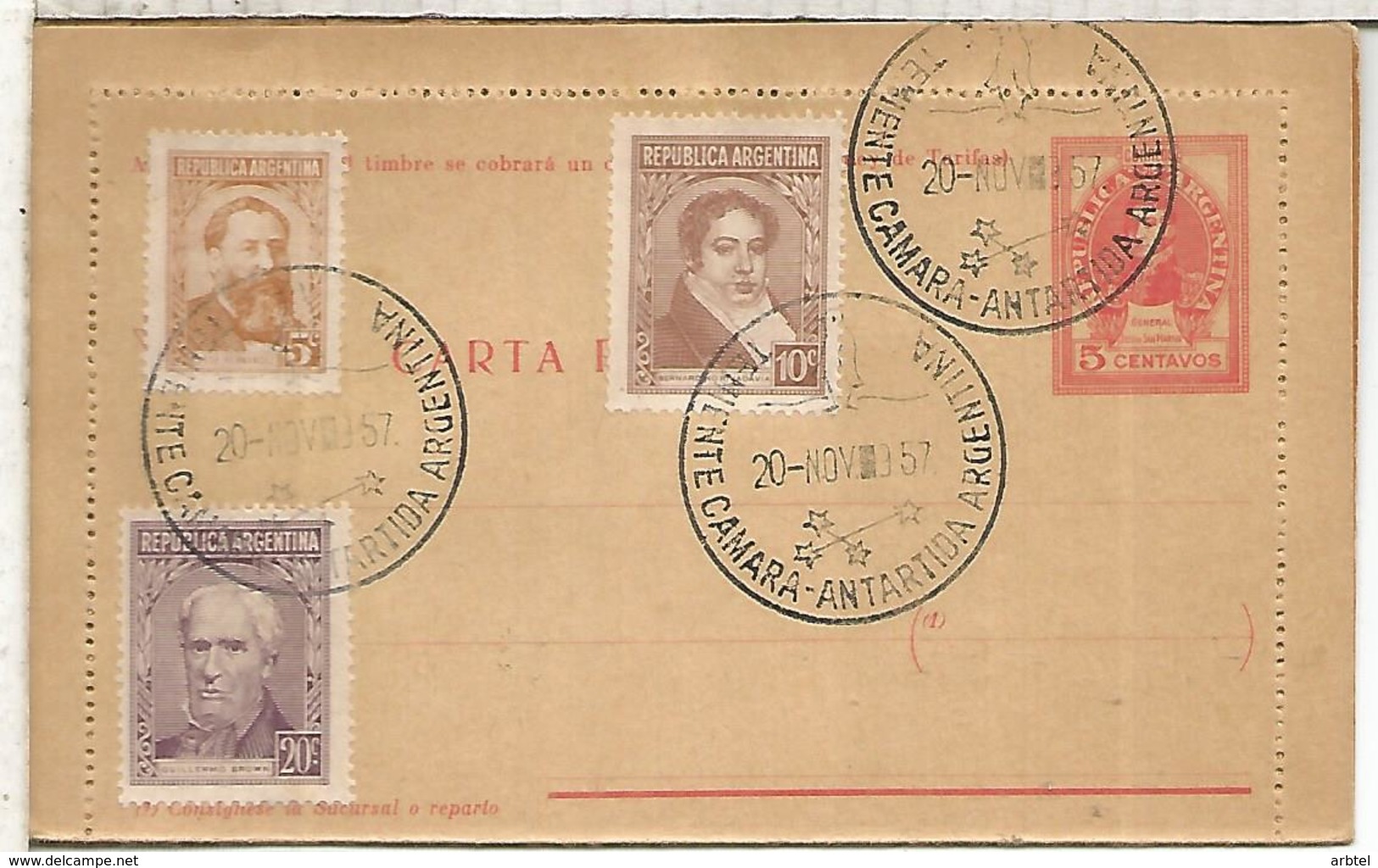 ARGENTINA ENTERO POSTAL MAT BASE ANTARTIDA TENIENTE CAMARA 1957 ANTARCTIC - Estaciones Científicas