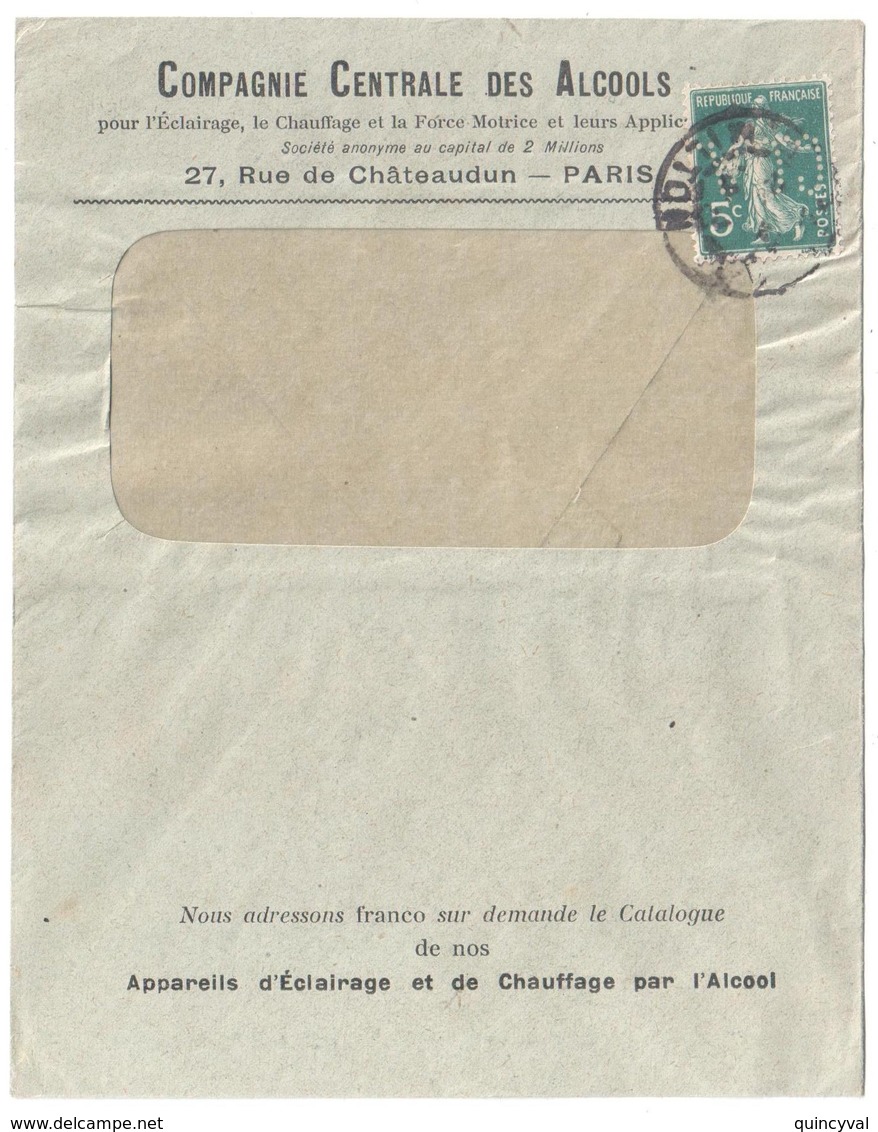 PARIS 2 R.milton Lettre Entête Compagnie Centrale Des Alcools 5c Semeuse Yv 137 Perforé C.C.A. Ancoper C.C.A 58 - Altri & Non Classificati