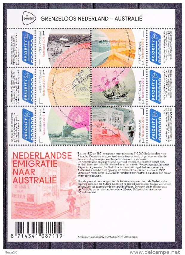 Nederland 2016 Nvph Nr 3441 - 3446 , Mi Nr Blok 166  Grenzeloos Nederland - Australie ; Thema Emigratie - Ungebraucht