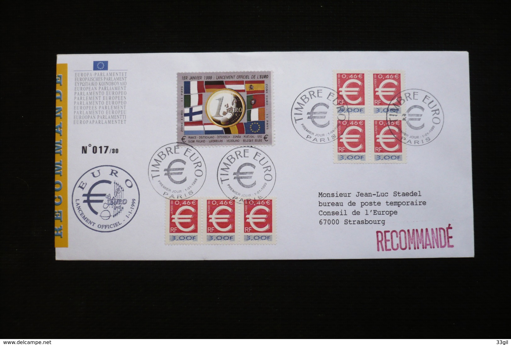 Lettre Recommandée Voyagée PJ 01/01/1999 + Vignette Euro  Vers Strasbourg - Covers & Documents