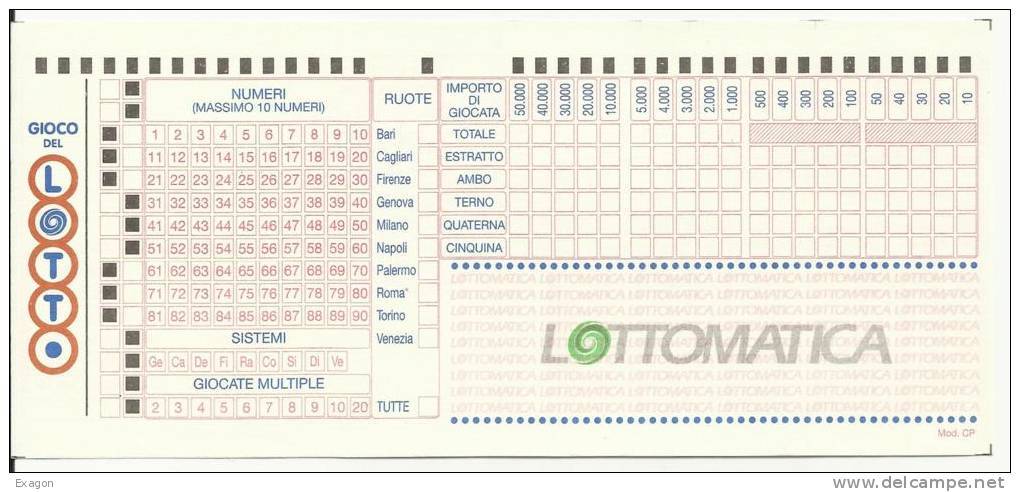 N.  1  Modulo   LOTTOMATCA  -  Richiesta GIOCATA AL LOTTO  In Lire  - Anno 2000 - Altri & Non Classificati