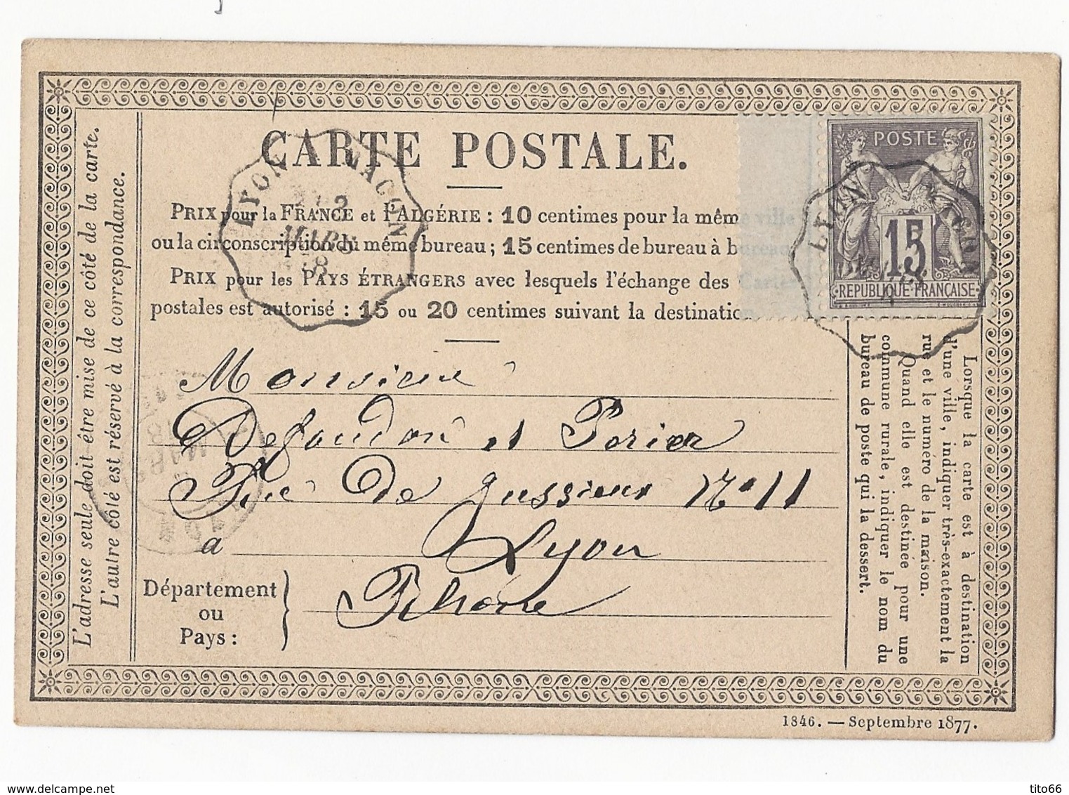 Sage 77 Sur Carte Précurseur TAD Convoyeur De Ligne Lyon A Mâcon 3 Mars 1878 - Cartes Précurseurs