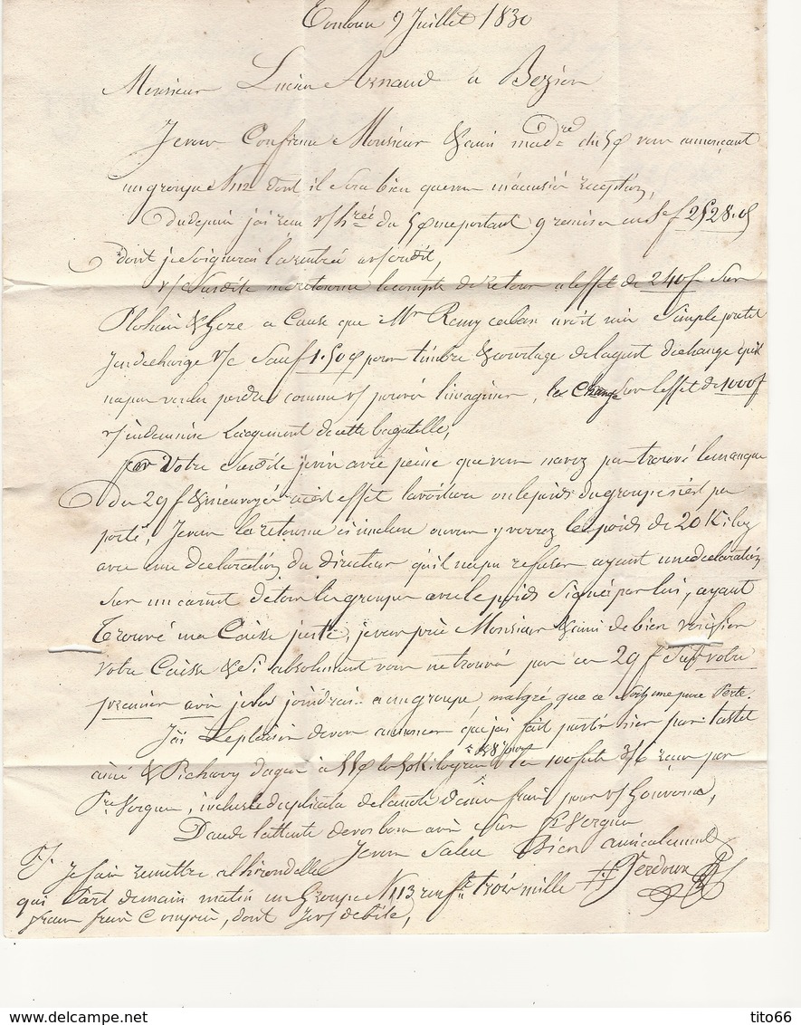 Lettre Avec Correspondance De  Toulouse Vers Béziers 9 Juin 1830 - 1801-1848: Précurseurs XIX