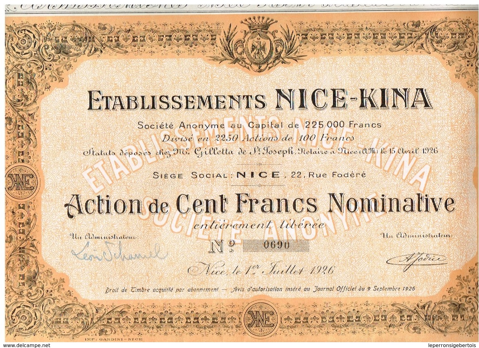 Ancienne Action - Etablissements Nice-Kina - Titre De 1926 - Industrie