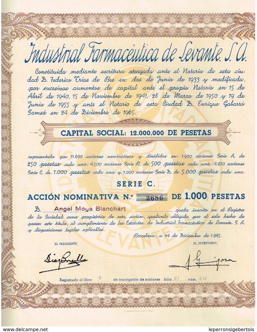 Ancienne Action - Industrial Farmaceutica De Levante S.A.- Titulo De 1965 - - Industrie