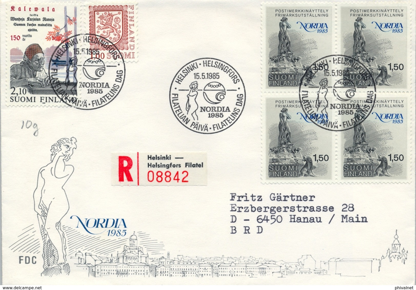 1985 , FINLANDIA , HELSINKI - HANAU , CERTIFICADO , YV. 923 BL/ 4 - NORDIA , EXPOSICIÓN FILATÉLICA - Storia Postale