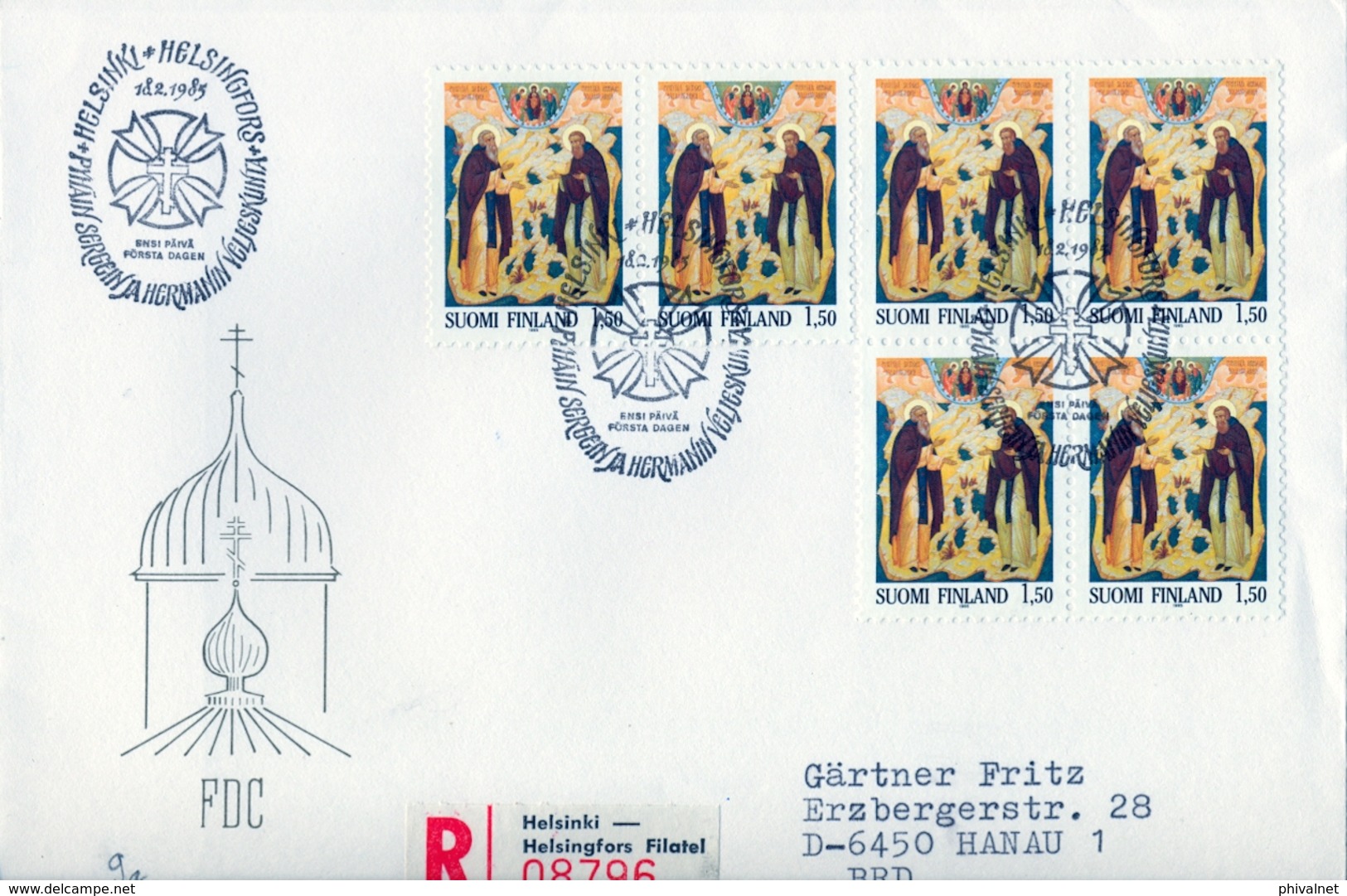 1985 , FINLANDIA , HELSINKI - HANAU , YV. 918 BL/4 + 2 , CENTENARIO DE LA MISIÓN DE LA IGLESIA ORTODOXA DE FINLANDIA - Storia Postale