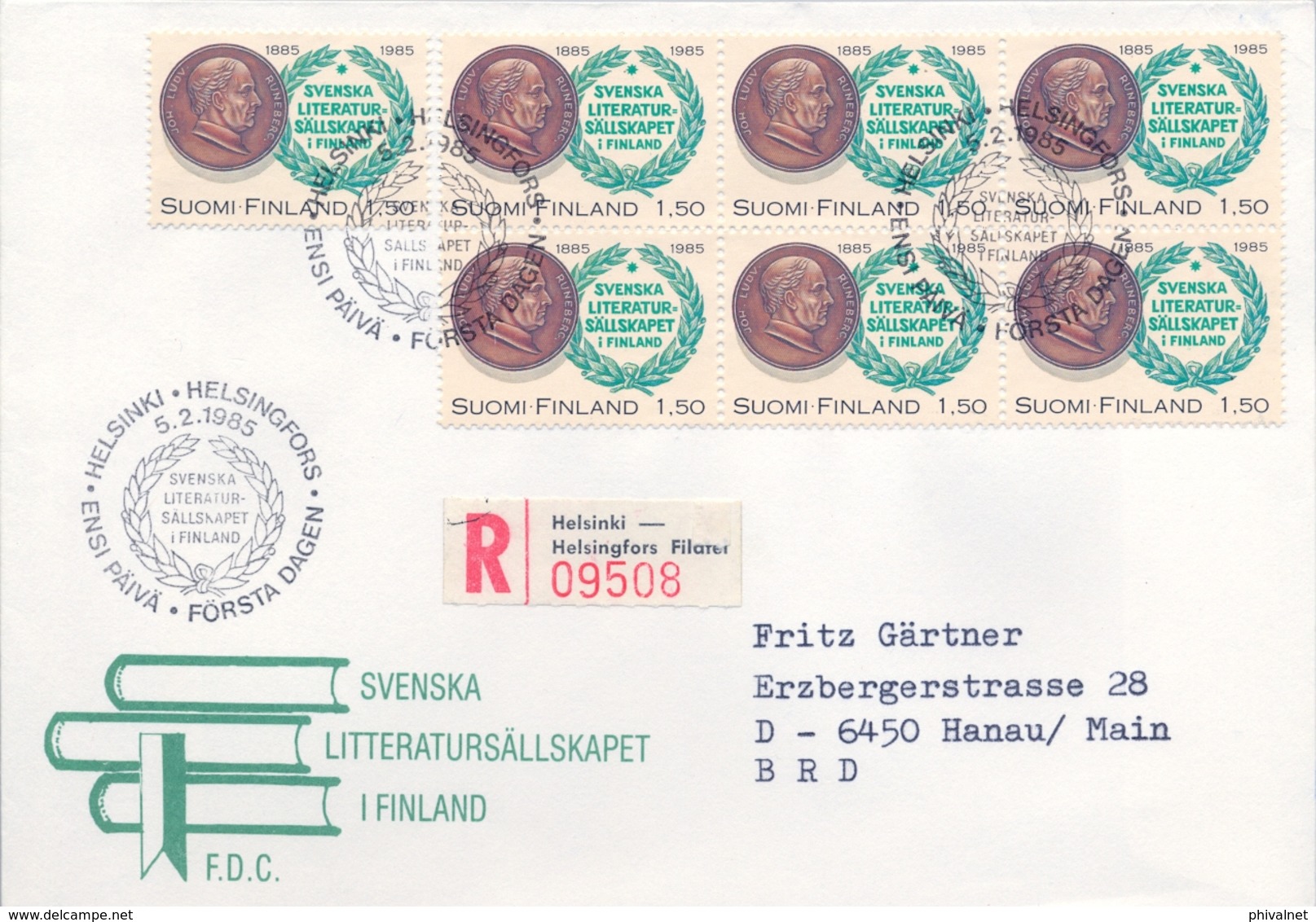 1985 , FINLANDIA , HELSINKI - HANAU , YV. 922 BL / 6 + 1 , CENTENARIO DE LA SOCIEDAD DE LITERATURA SUECA EN FINLANDIA - Storia Postale