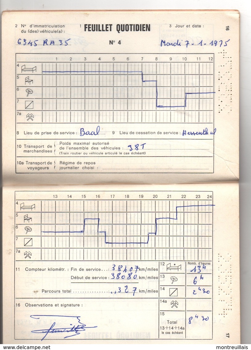 Livret De Controle Membres équipage Transports Routiers, De 1975, 94 Pages, Transports BERTHELOT,  ROMAGNE FOUGERES (35) - Camions