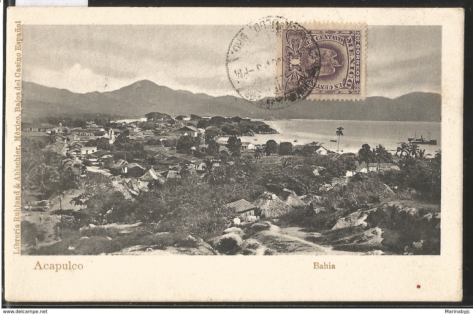 J) 1908 MEXICO, ACAPULCO BAY, 1 CENT PURPLE, EAGLE, POSTCARD - Mexico