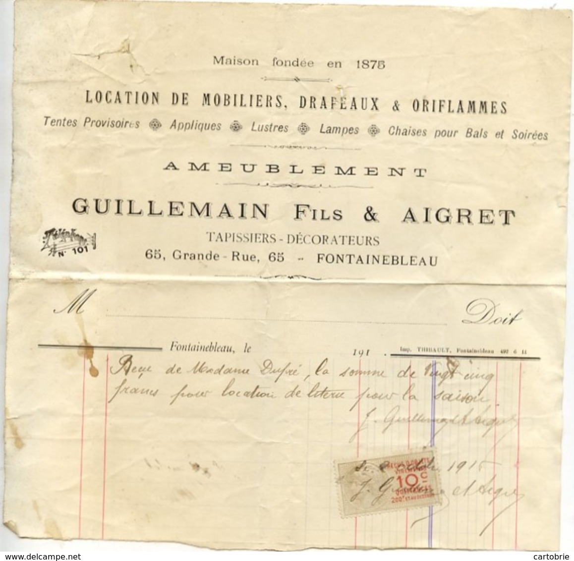 77 FONTAINEBLEAU - Ameublement GUILLEMAIN Fils & AIGRET (tapissiers-décorateurs), 65 Grande Rue - Facture De 1916 - Fontainebleau