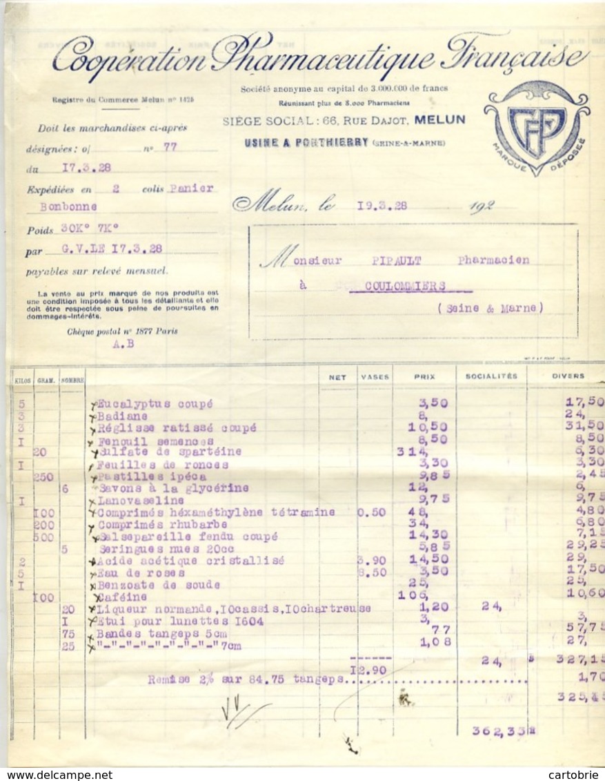 77 Usine à PONTHIERRY - Coopération Pharmaceutique Française - Facture De 1928 - Saint Fargeau Ponthierry