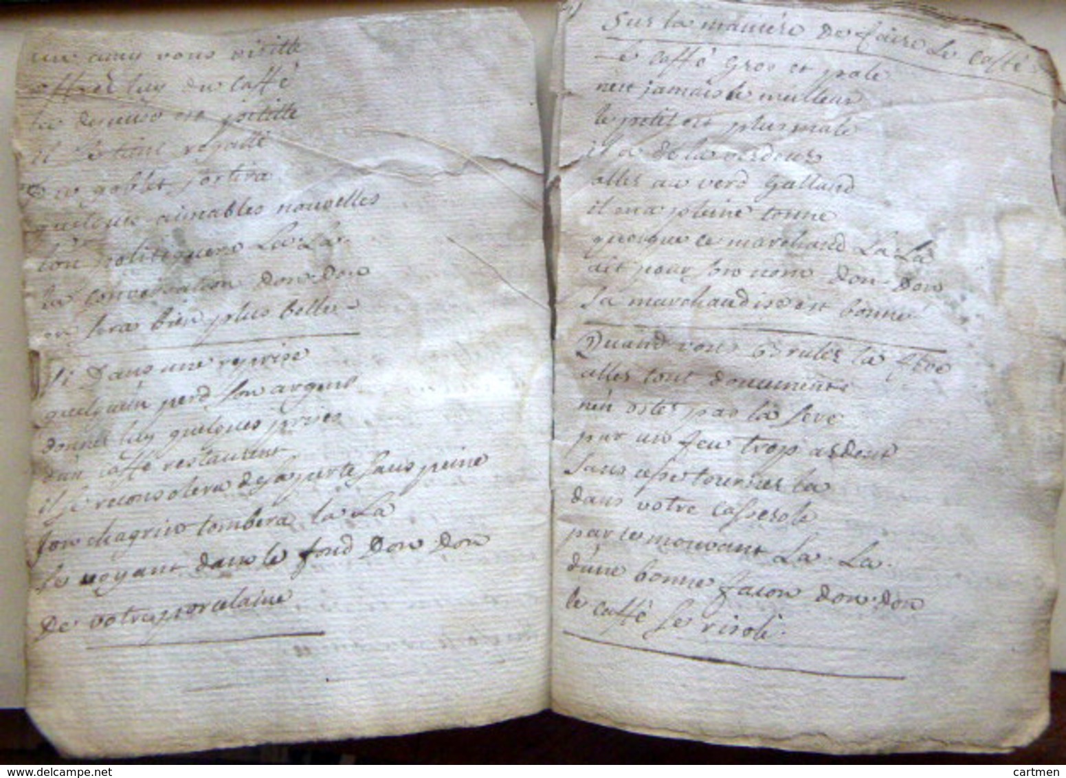 MANUSCRIT 18° RECUEIL DE CHANSONS 1769 CHANTS SUR L'AMOUR PREPARATION DU CAFE GASTRONOMIE LA CHASSE - Manuscripts