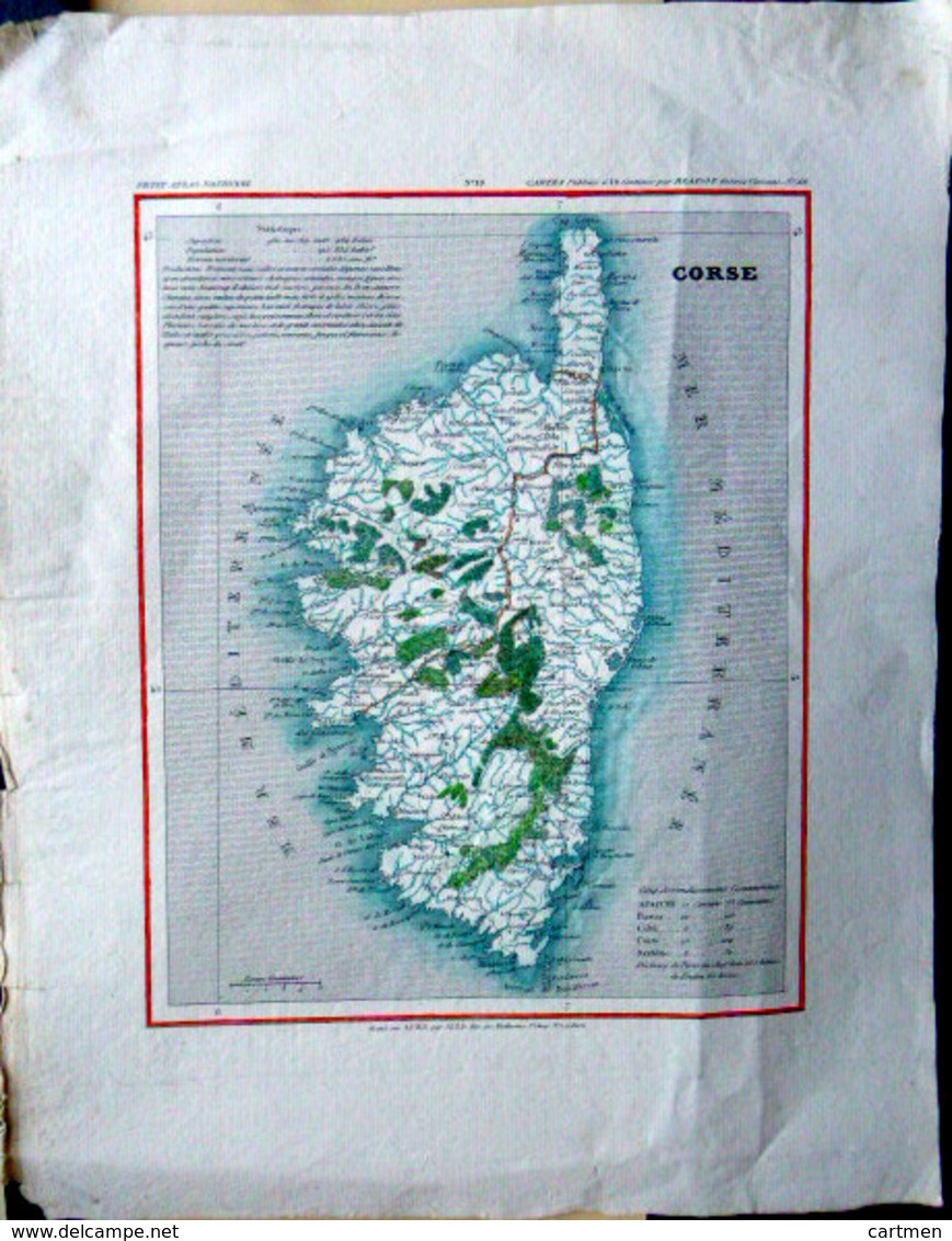 CORSE CORSICA CARTE ANCIENNE DU 19° SIECLE COLOREE DECORATIVE TRES BEL ETAT PAPIER CHIFFON 24 X 19 CM - Landkarten