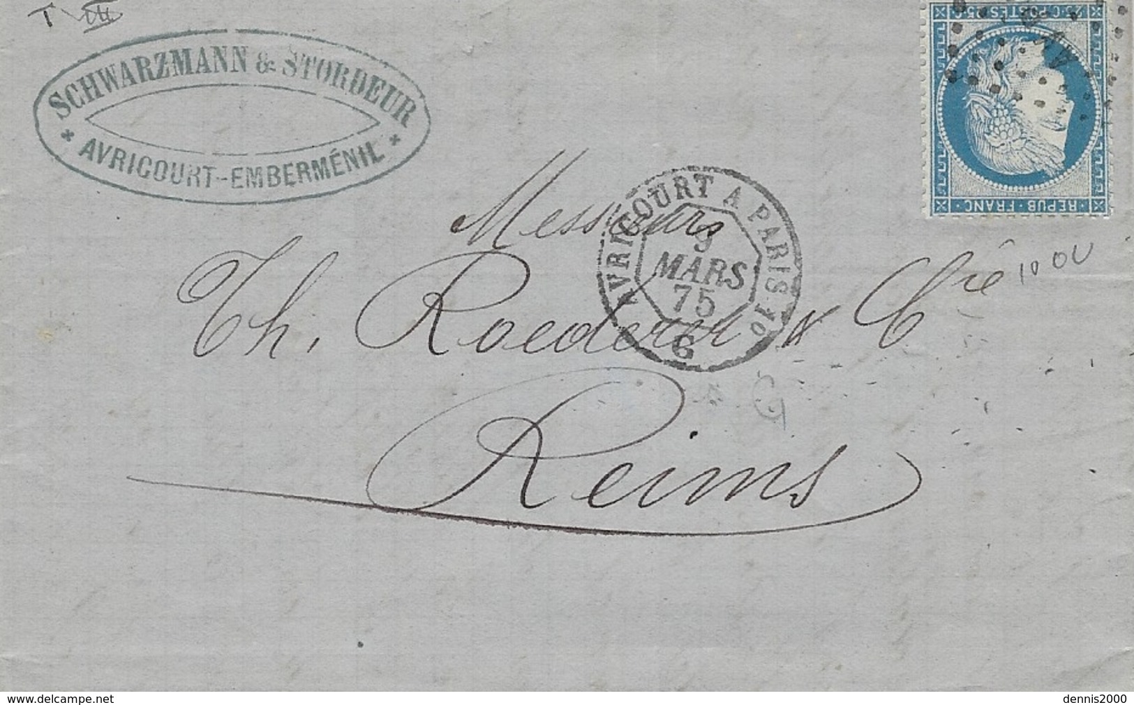 1875- Lettre D'Avricourt ( Meurthe Et Moselle ) Pour Reims -cad AMB. AVRICOURT A PARIS 1° Affr. N°60 Oblit. AV.P. 1° - 1849-1876: Période Classique