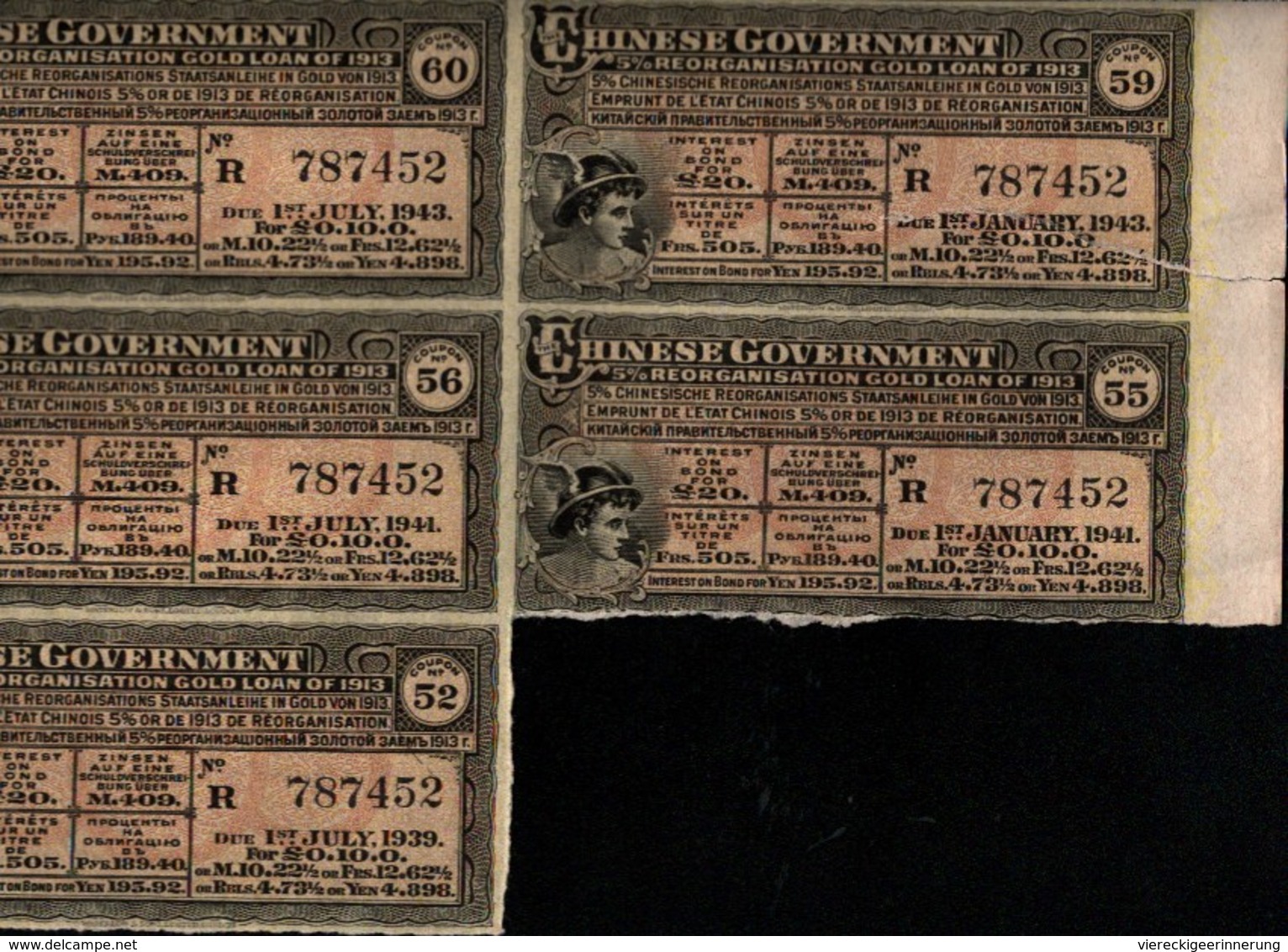 ! China, Chine,  Government 5% Reorganisation Goldloan Of 1913, Only The Coupons ! - Asien
