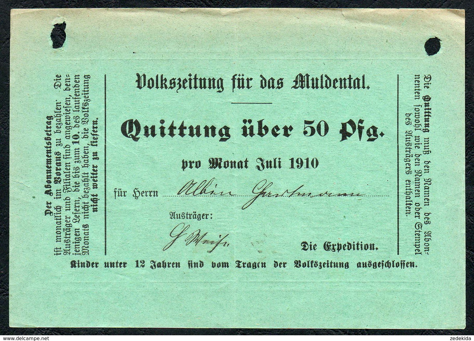 6296 - Zeitung Volkszeitung Für Das Muldental - Quittung Rechnung - 1900 – 1949