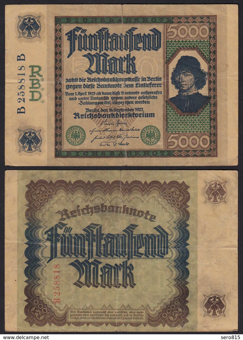 Reichsbanknote -  5000 5.000 Mark 1922 Ros. 76 - Pick 77 B 258818 B   (20412 - Autres & Non Classés