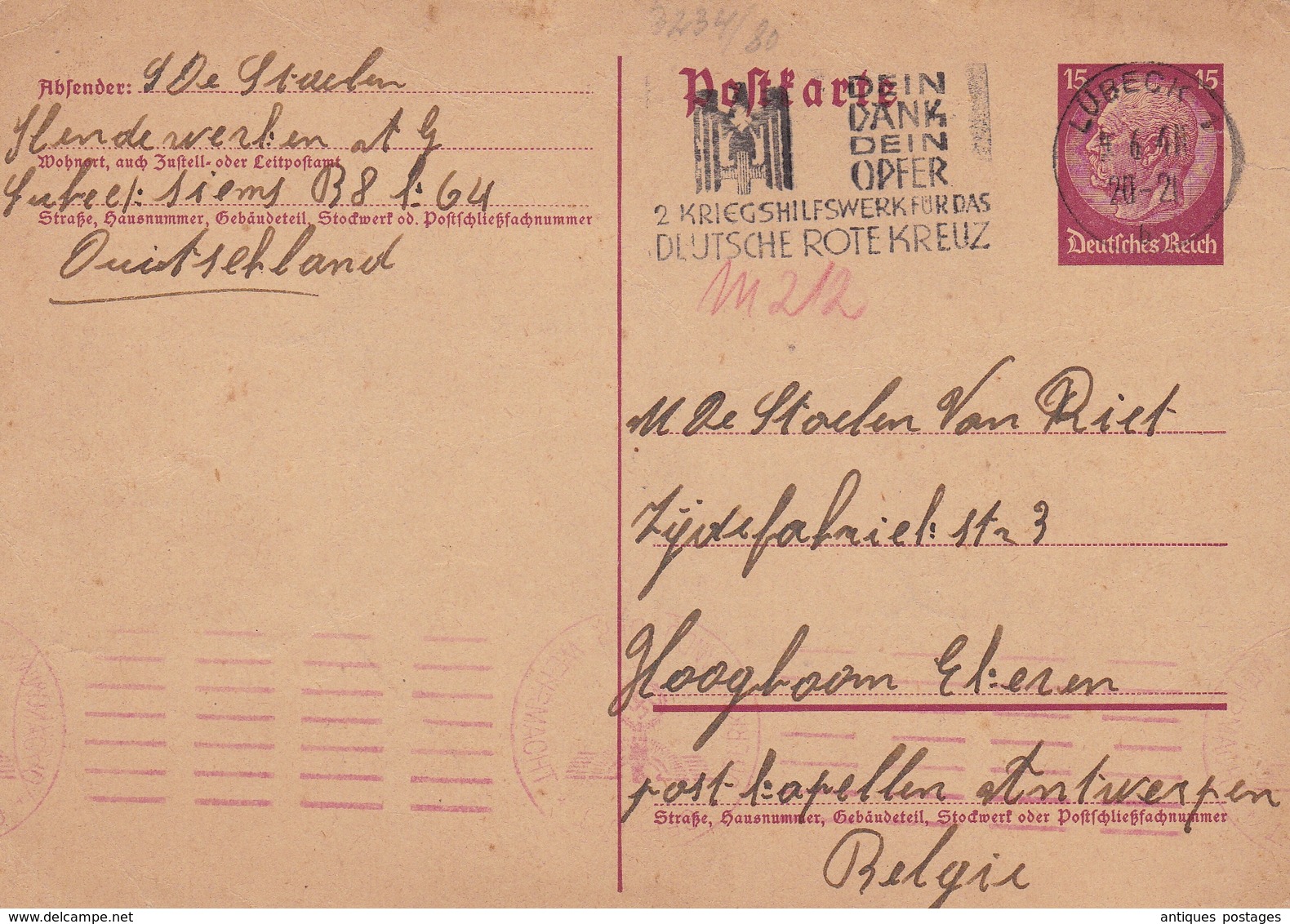 Entier Postal Lübeck Deutschland 1941 Deutsche Rote Kreuz Anvers Belgique WW2 Croix Rouge Red Cross - Autres & Non Classés