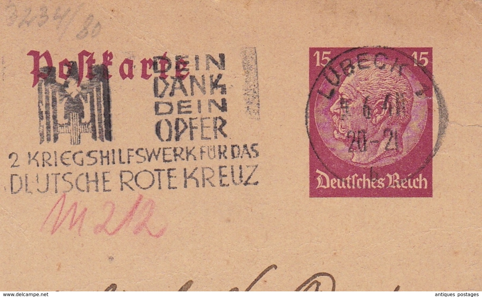 Entier Postal Lübeck Deutschland 1941 Deutsche Rote Kreuz Anvers Belgique WW2 Croix Rouge Red Cross - Autres & Non Classés