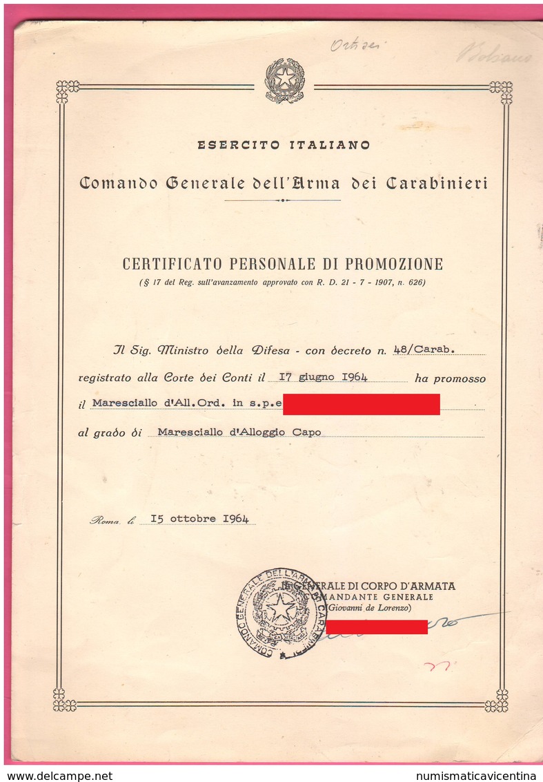 Carabinieri Diploma A Promozione Maresciallo Capo Dato In Ortisei 1964 - Documents