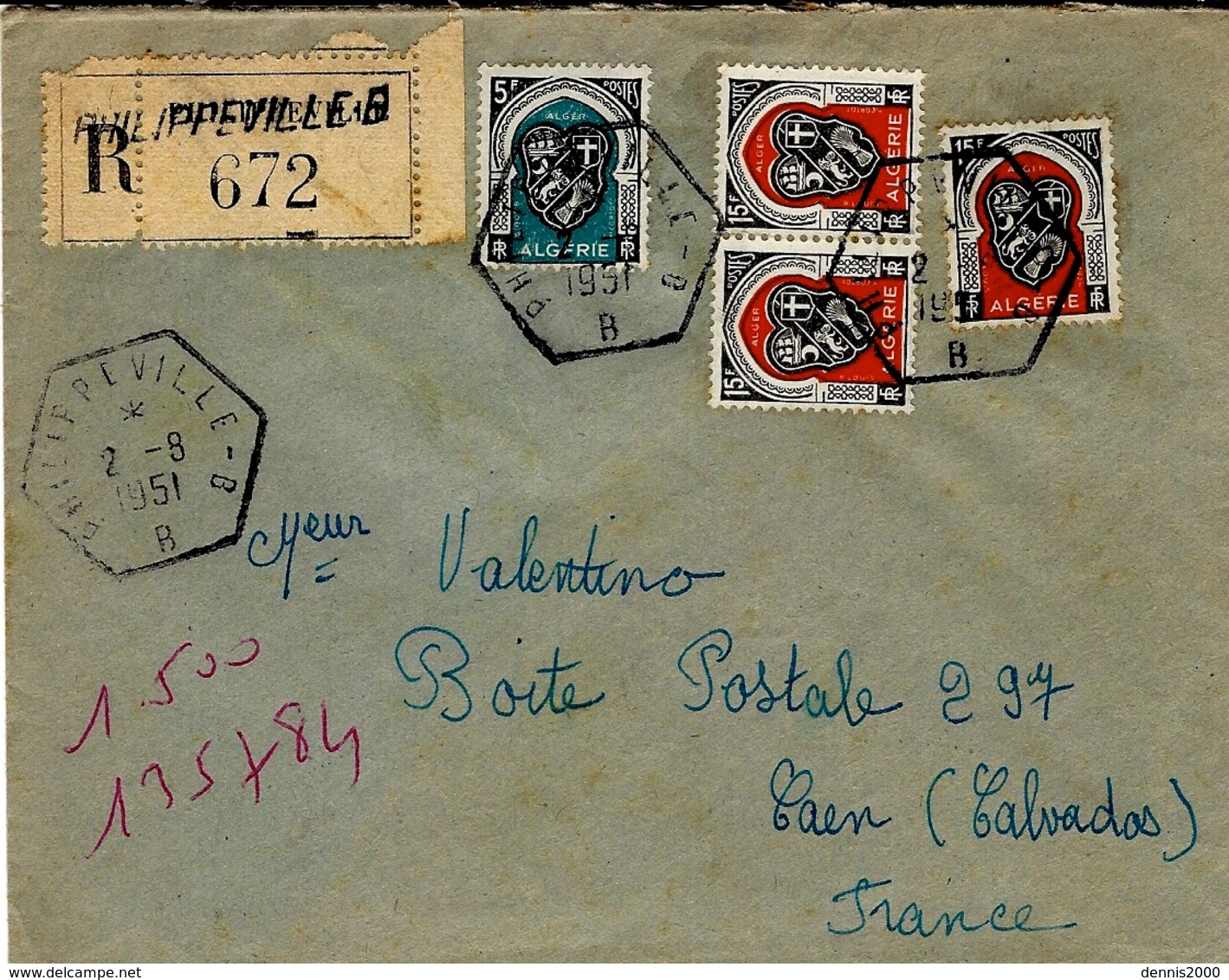1951- Env. RECC. Affr. à 50 F   Oblit.   R A U  De PHILIPPEVILLE - B  Pour La France - Covers & Documents