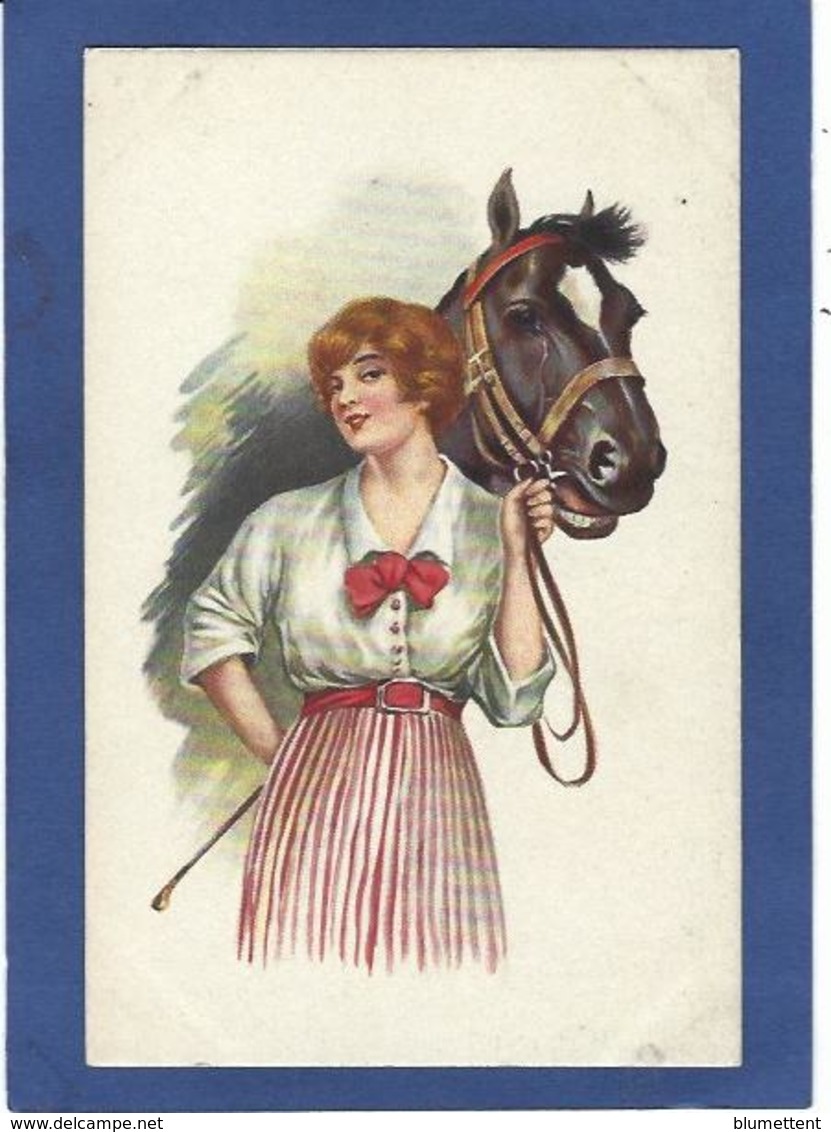 CPA Cheval Chevaux Femme Girl Women Illustrateur Non Circulé - Paarden