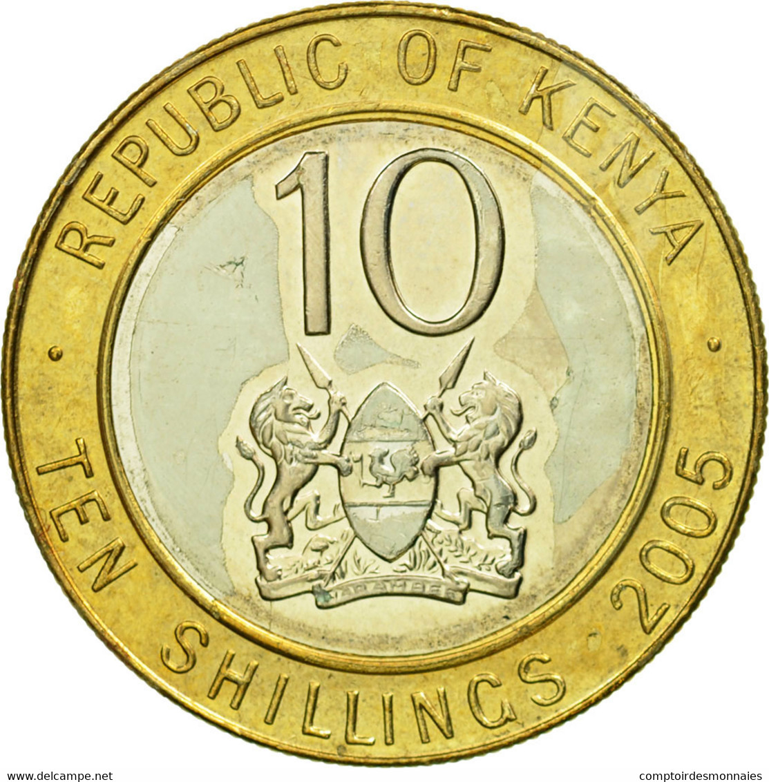 Monnaie, Kenya, 10 Shillings, 2005, British Royal Mint, TTB, Bi-Metallic - Kenya