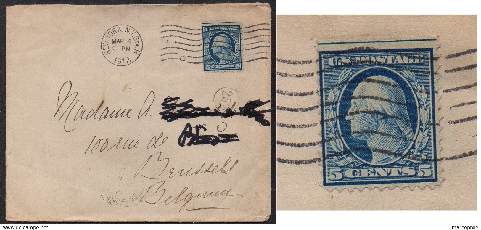 1912 / 5 C. BLUE - BLUISH PAPER IMPERF ON TOP ON COVER TO BELGIUM (ref 4572) - Brieven En Documenten