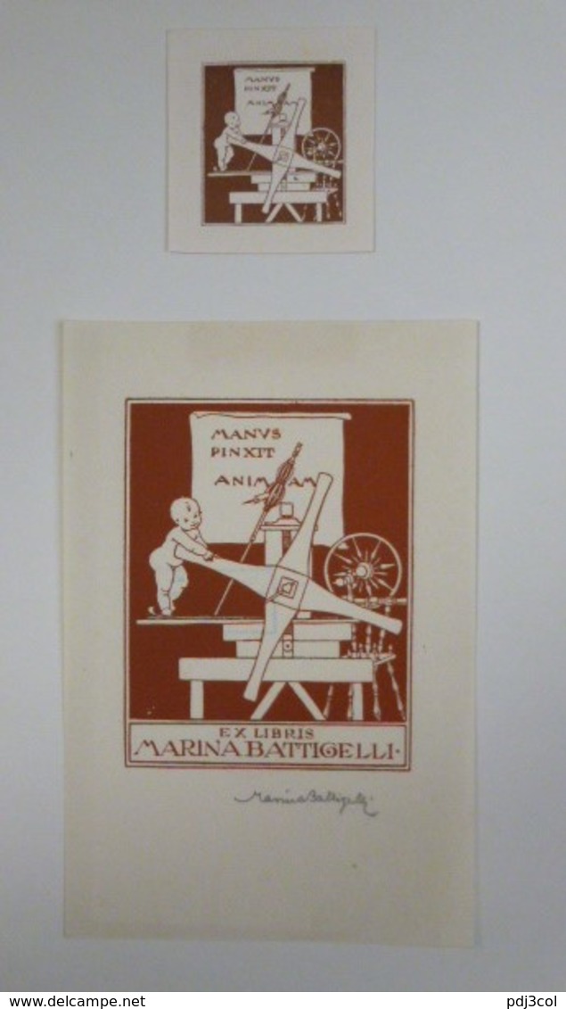 2 Ex-libris Illustrés Italie XXème - MARINA BATTICELLI - (Presse Imprimeur, Graveur) - Ex-libris