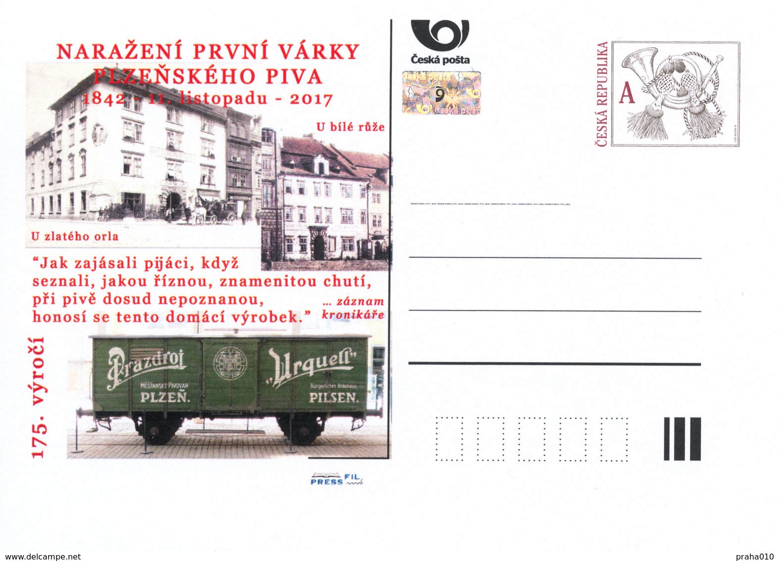 Rep. Ceca / Cart. Postali (Pre2017/47) Pilsner Urquell 175 Anni (1842); Città Di Plzen, Vendendo Il Primo Lotto Di Birra - Beers