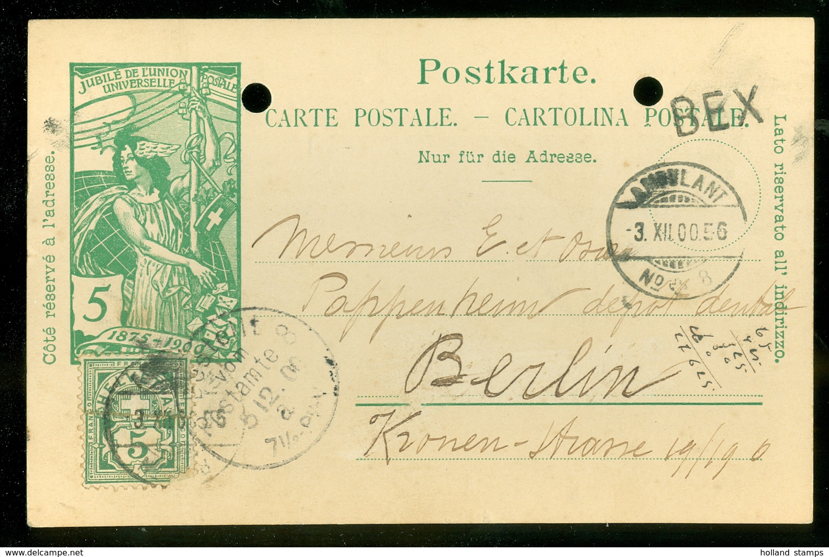Schweiz Suisse 1900: PK "25 Jahre UPU" (5c Grün) CP "Jubilé UPU" (5c Vert) Gelaufen BEX 1900 Nach Berlin (11.444q) - Lettres & Documents