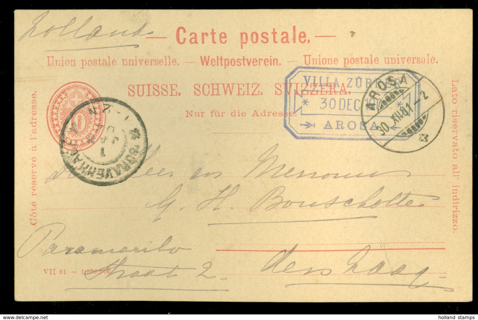 Schweiz Suisse 1901: PK  Gelaufen Von AROSA Nach 's-GRAVENHAGE (11.444r) - Covers & Documents