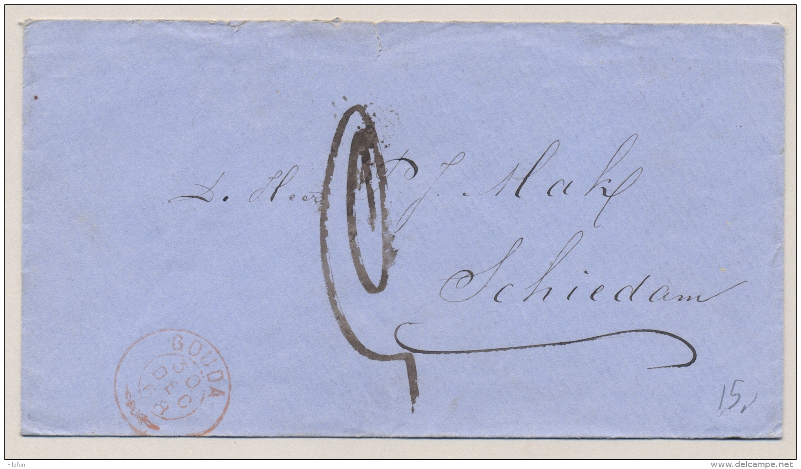 Nederland - 1868 - Takje Stempel GOUDA Op Envelop Naar Schiedam - ...-1852 Préphilatélie