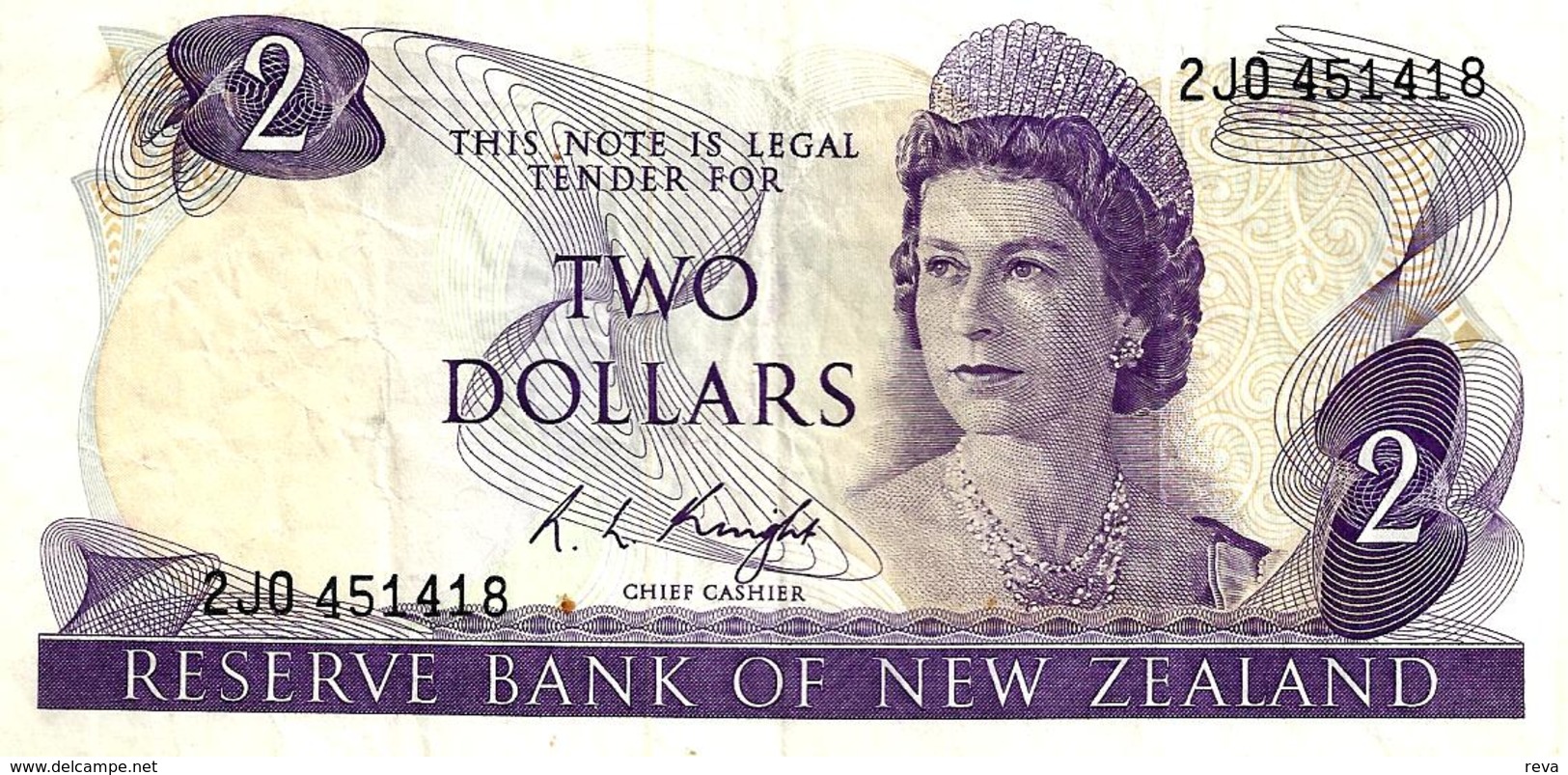 NEW ZEALAND $2 JAMES COOK WMK 1ST ISSUE HEAD OF QEII BIRD BACK ND(1975-77) SIGN KNIGHT P.164c EF W.1992 READ DESCRIPTION - Nouvelle-Zélande