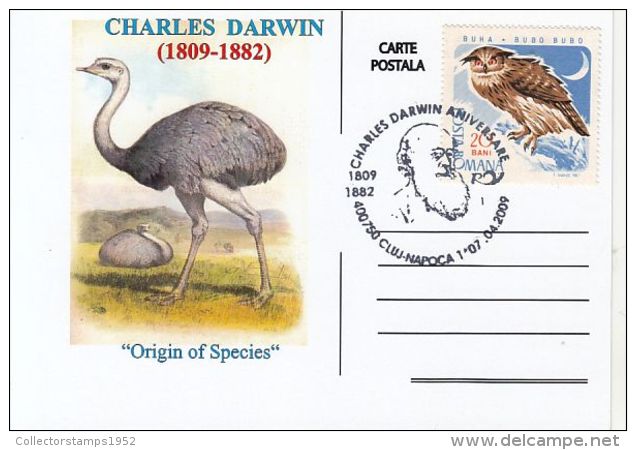 D368- CHARLES DARWIN, OSTRICH, EAGLE OWL, BIRDS, SPECIAL POSTCARD, 2009, ROMANIA - Autruches