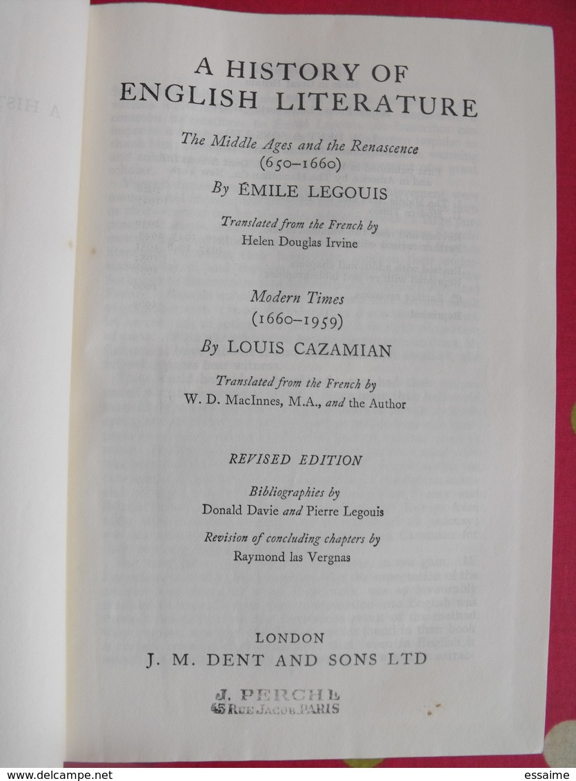 A History Of English Literature. Legouis, Cazamian. Dent London 1961 - Antologie