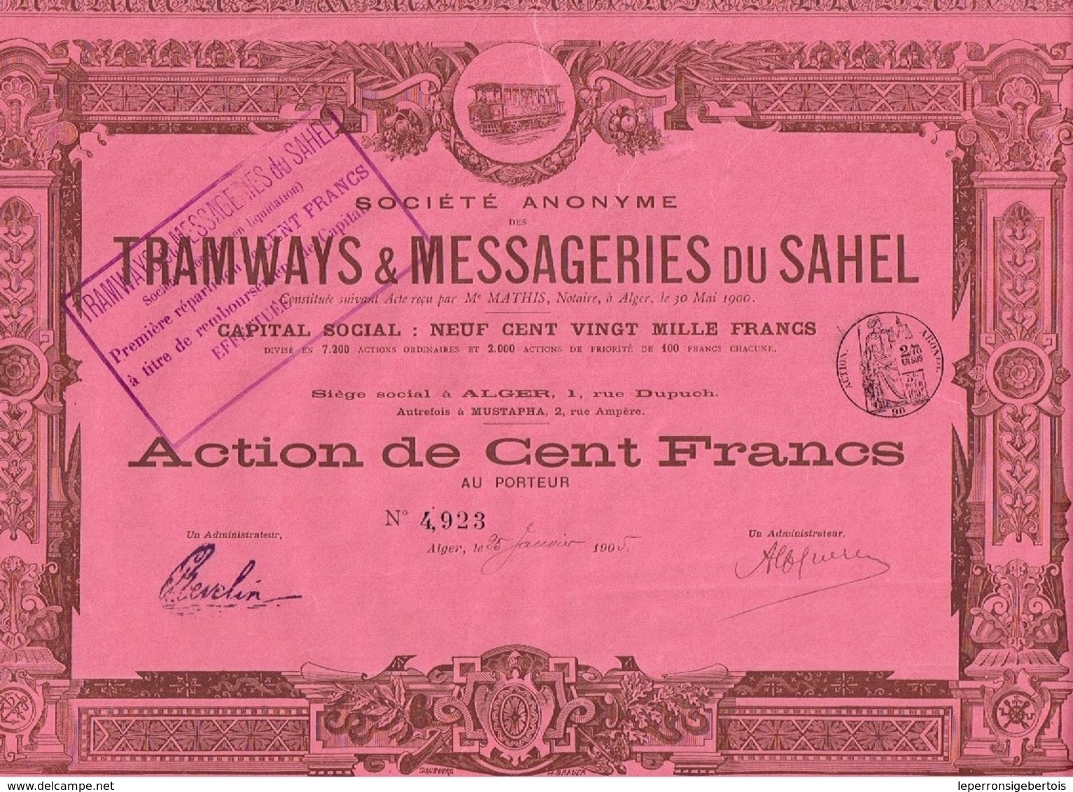 Ancienne Action - Sté Anonyme Tramways & Messageries Du Sahel - Titre De 1905 - Alger - Bahnwesen & Tramways