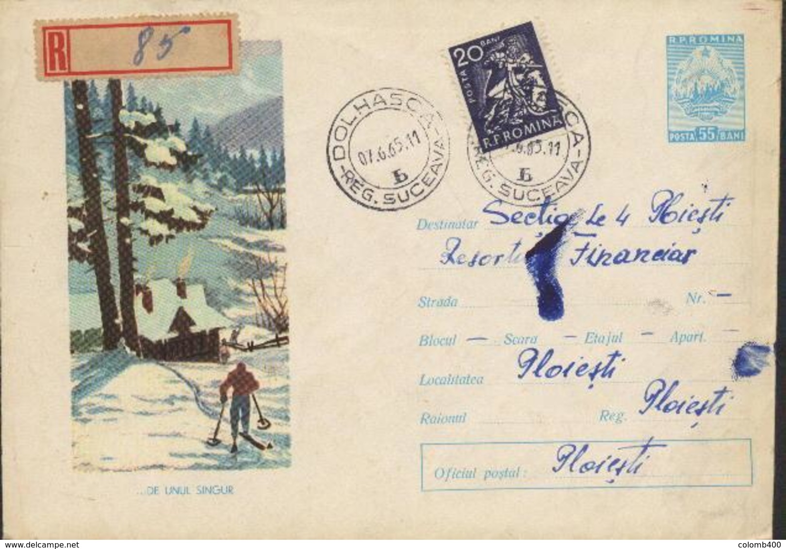 SKI,timbre MINEUR     Entier Postal   Roumanie / Romania 1965  Lettre Recommande - Minéraux