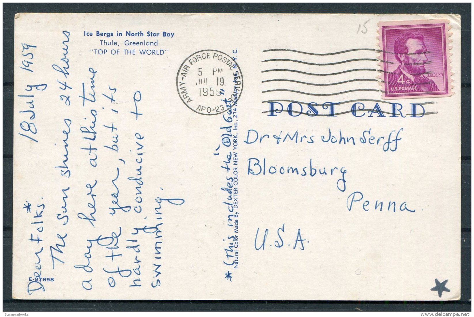 1959 Greenland Thule Postcard APO 23 Army Air Force Postal Service - Bloomsbury Usa - Covers & Documents