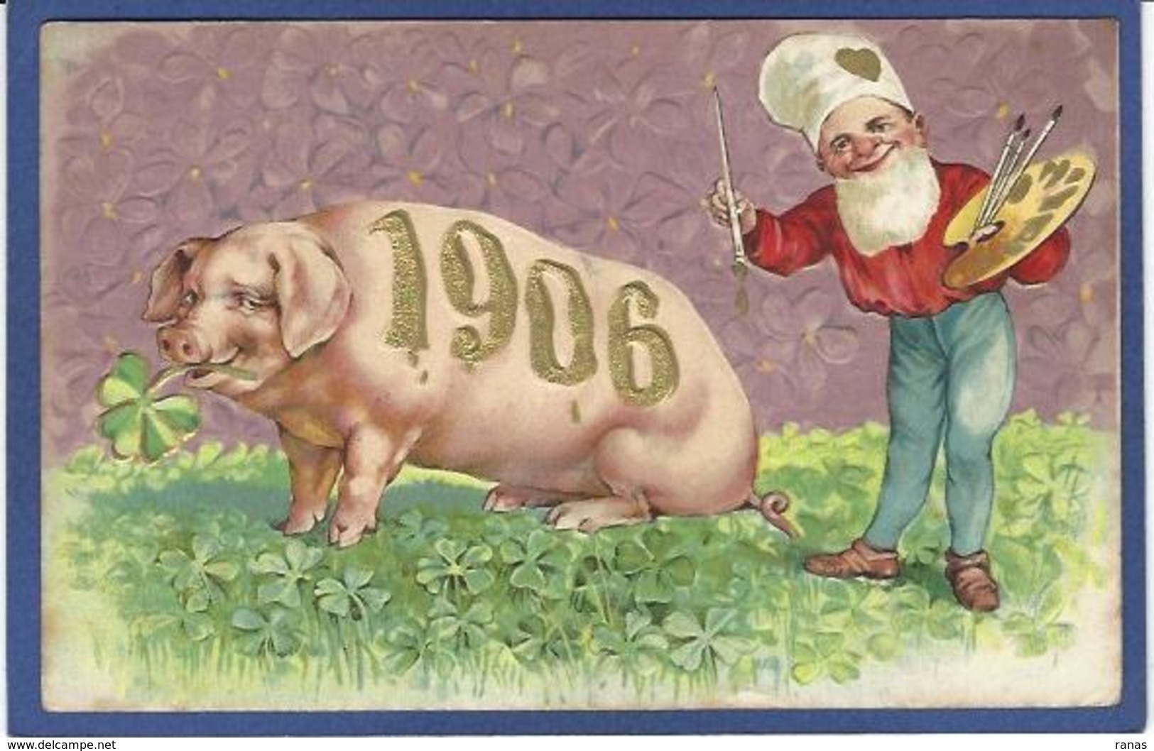 CPA Année Fantaisie Gnomes Nains Lutins Gaufré Embossed Cochon Pig Circulé - Nouvel An